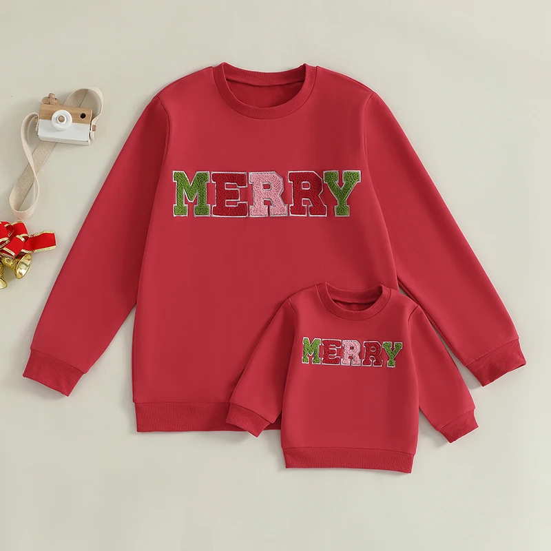 Mommy and Me Matching Sweatshirts Letter Embroidery Crew Neck Long Sleeve Pullover Family Christmas Matching Outfits Tops