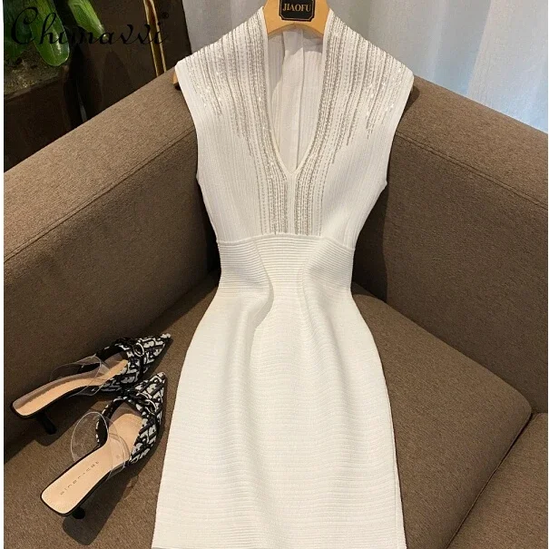 

New Ladies Fashion Elegant V-neck Diamond Sleeveless Dress Women's 2022 Spring Summer Sexy Zipper Slim Fit Knitted Hip Dress