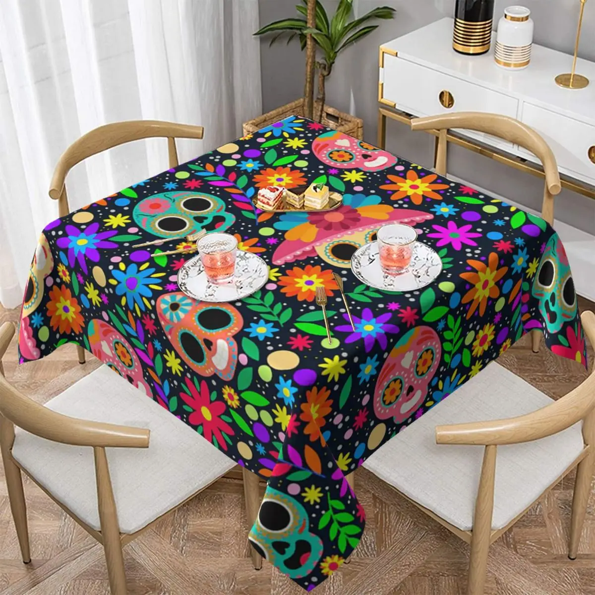 

Сахарный череп Мексиканский цветок Хэллоуин День мертвых Квадратная скатерть маслостойкая скатерть для кухни Крышка обеденного стола