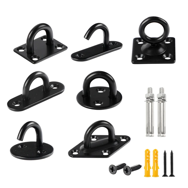 5PCS Stainless Steel 304 Black Stap Ring Wall Hook Heavy Duty Fixed Pad Eye Plate Deck Door Buckle U-Shaped Ceiling Mount Hanger