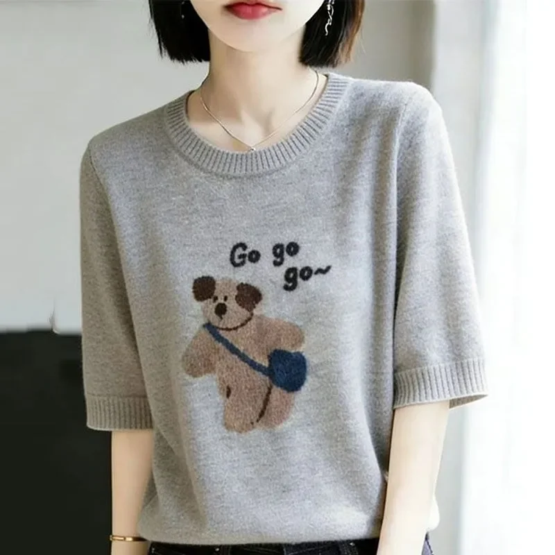 Women Cartoon Bear Printed Short Sleeve Knit Sweater Casual Loose Top