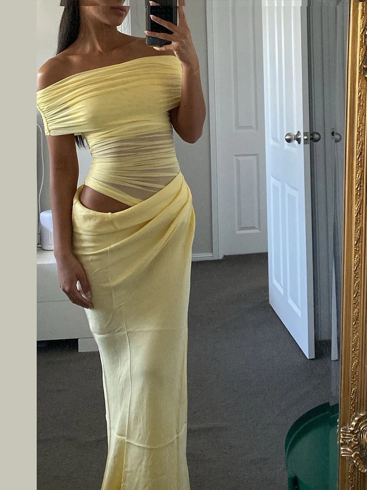 Whatiwear – robe creuse en maille pour femmes, Sexy, Patchwork froncé, col Slash, manches courtes, soirée de Banquet de minuit, tenues élégantes à la mode