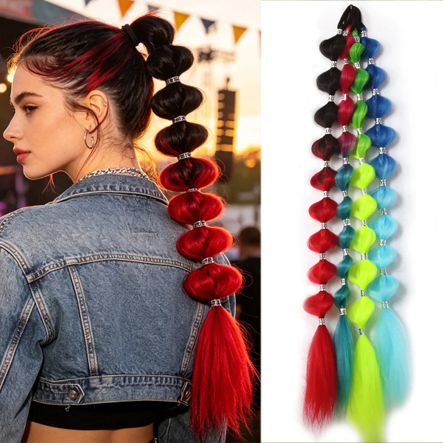 24 Inch Synthetic Bubble Ponytail Wig Braided Wrap Around Hair Extensions with Hair Band for Women Daily Festival Party Cosplay