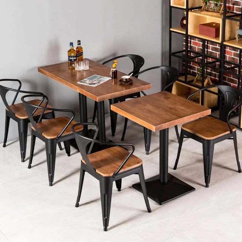 Wholesale Classical Industrial Style Restaurant Bar Furniture Wooden Desk Top Dining Table And Black Metal Chair Sets