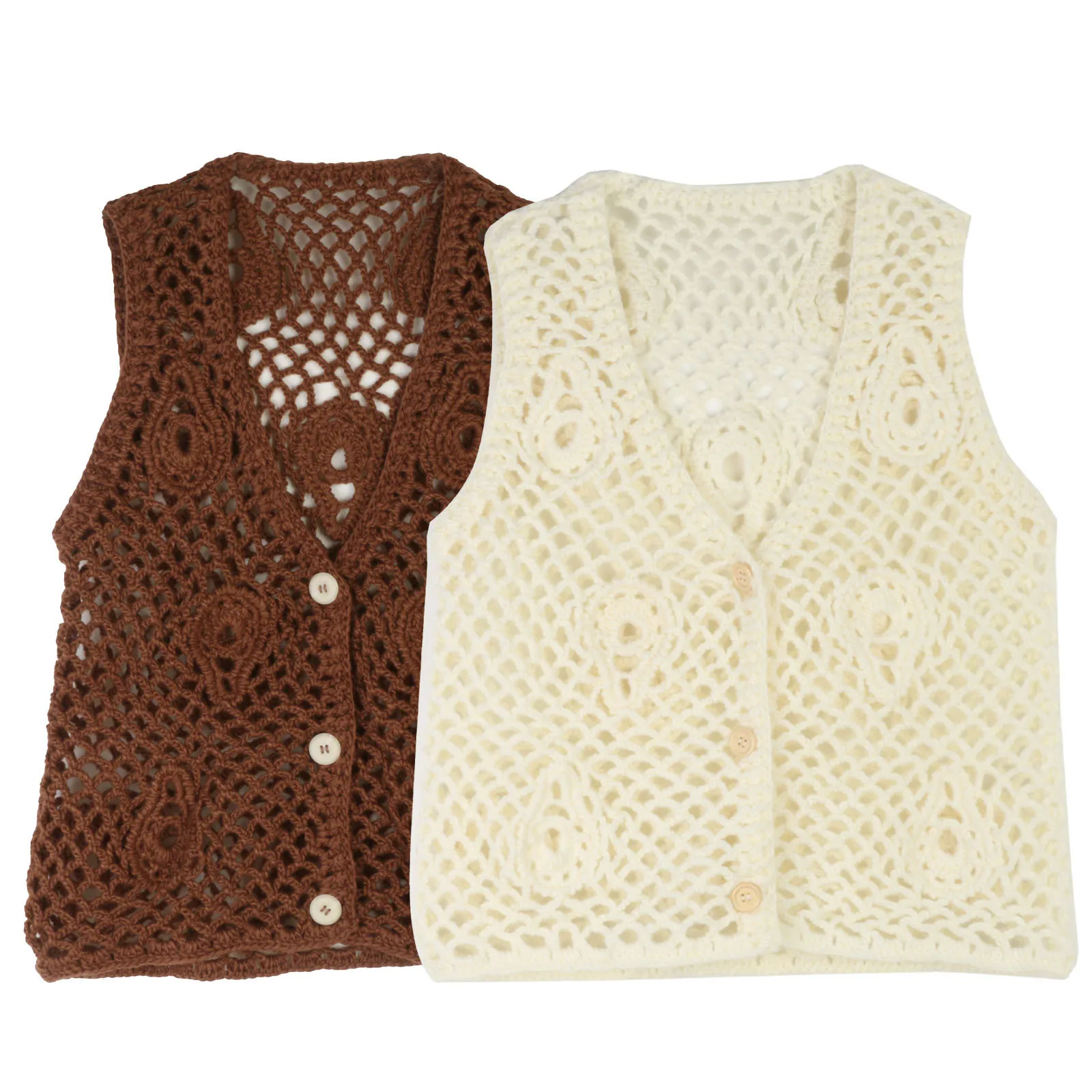 

French Retro Vest Sweater Cardigan Women's V-neck Hollow Hand-hook Circle Sleeveless Knitted Vest Sweater 2025 Fall