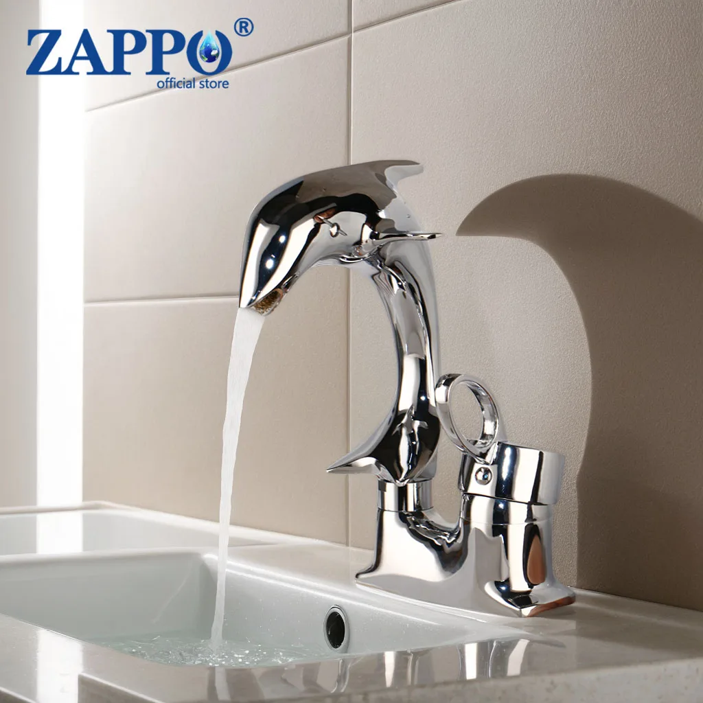 ZAPPO Bathroom Faucet Single Handle Basin Sink Mixer Dolphin Shaped Deck Mounted Hot and Cold Water Tap Mixer Faucets Chrome