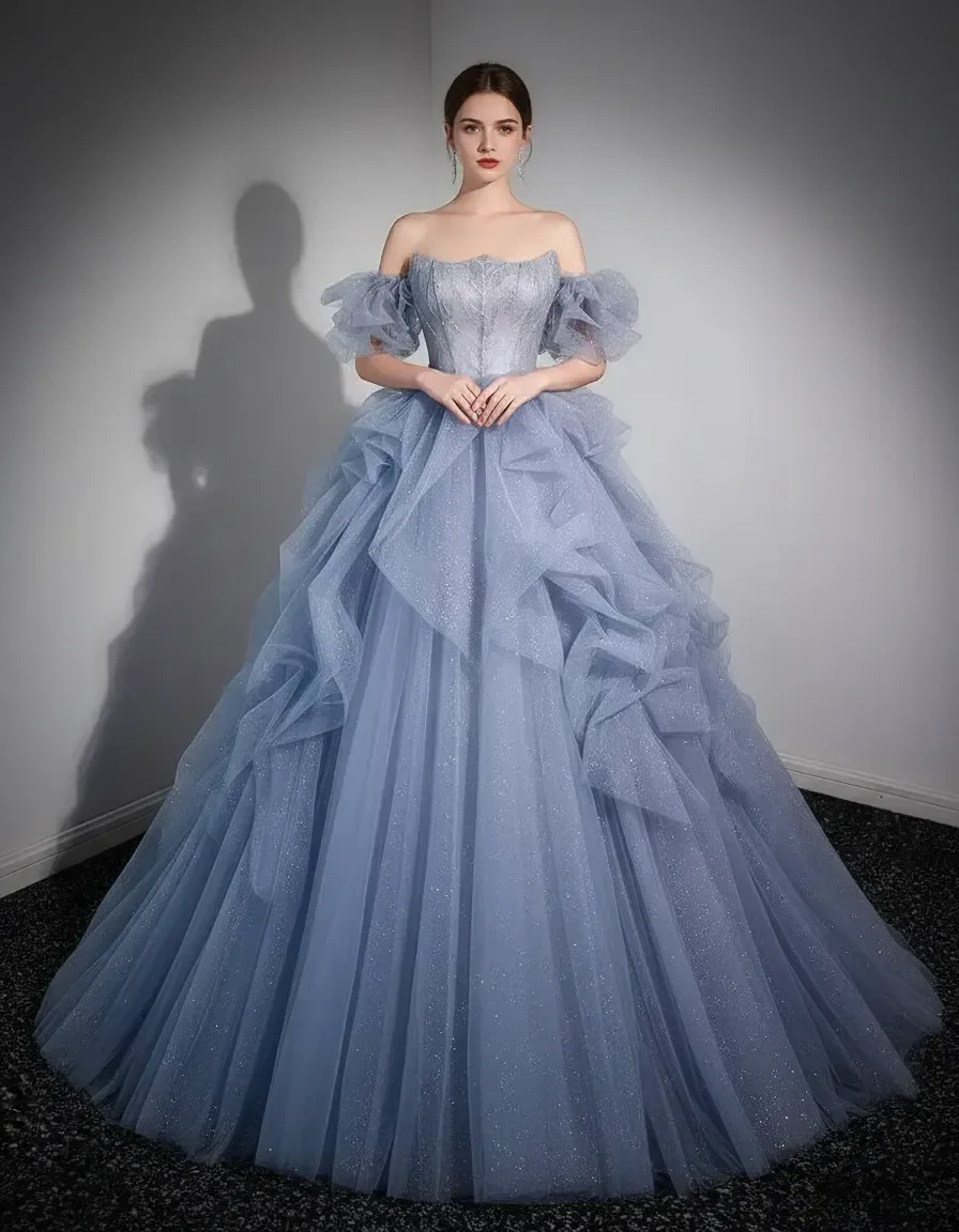 Dusty Blue Off-the-shoulder Glitter Tulle Ruffled Ball Gown for Quinceanera Prom Graduation Evening Party Dress