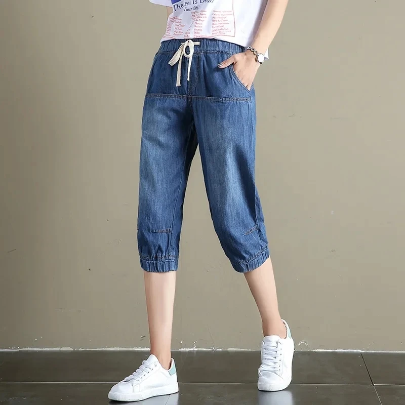 

High Waist Women Capris Jeans 2022 Summer Women's Trousers Female Capri Pants Casual Ripped Hole Harem Jeans Pantalon Femme