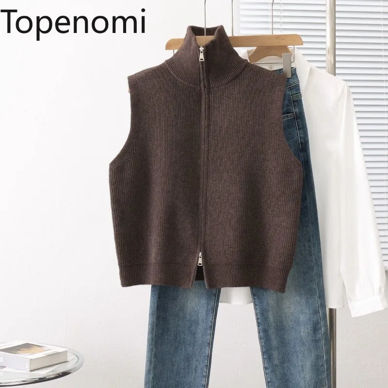 Topenomi Stand Collar Zipper Knitted Vest Women 2024 Autumn Winter Solid Sleeveless Sweater Cardigan Casual Outerwear Crop Top