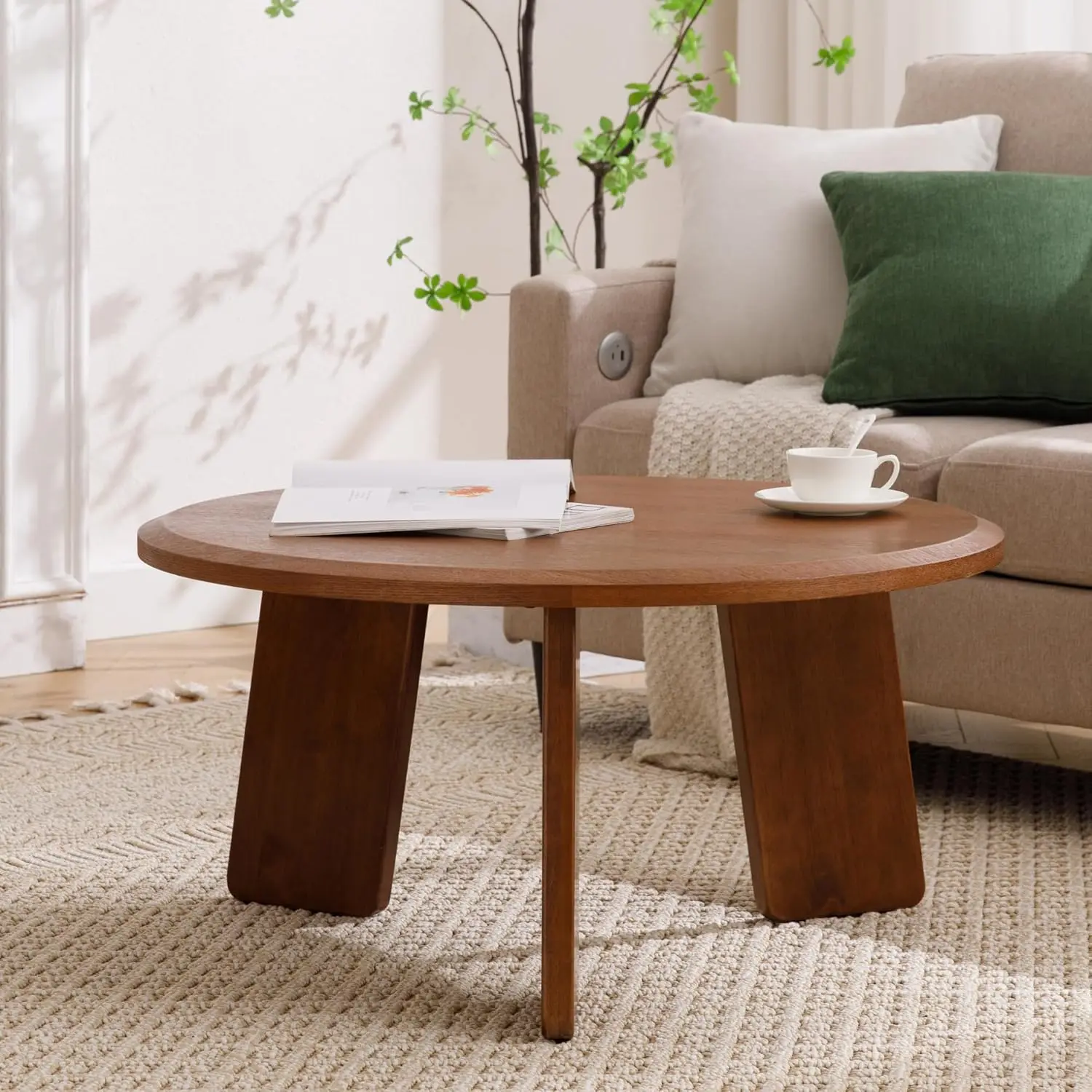 Modern Farmhouse Round Wood Coffee Table - Small Easy Assembly Floor/Couch End Table, Walnut for Living Room/Office/Reception