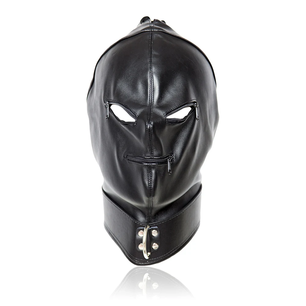 Adult Sexy PU Leather Head Bondage Hood Mask Men Cosplay Party Costumes Head Cover Zipper Open Eyes Mouth Nightclub Accessories