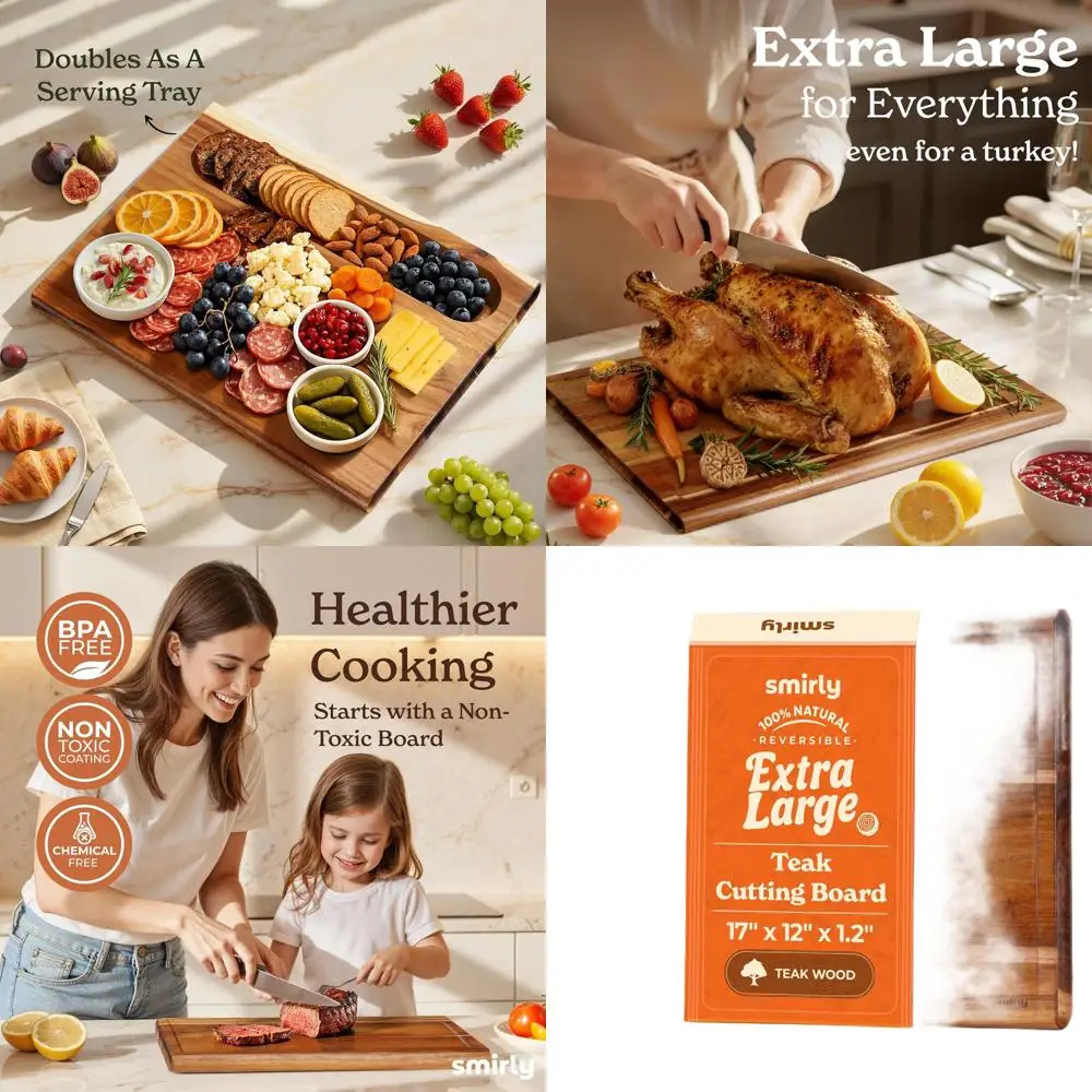 

Thick 1.2 Extra Large 17 Teak Cutting Board with Deep Juice Groove - Durable & Easy to Clean