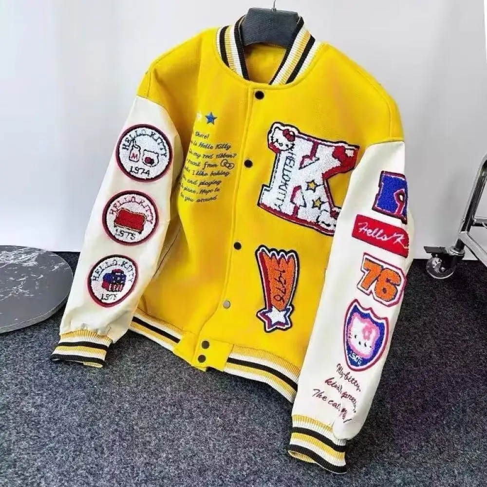 Anime Hallo Kitty Frauen Lokomotive Anzug Baseball Uniform Mantel Sanrios Cartoon Trend Weibliche Kleidung Stehen Kragen Lose Mädchen Tops