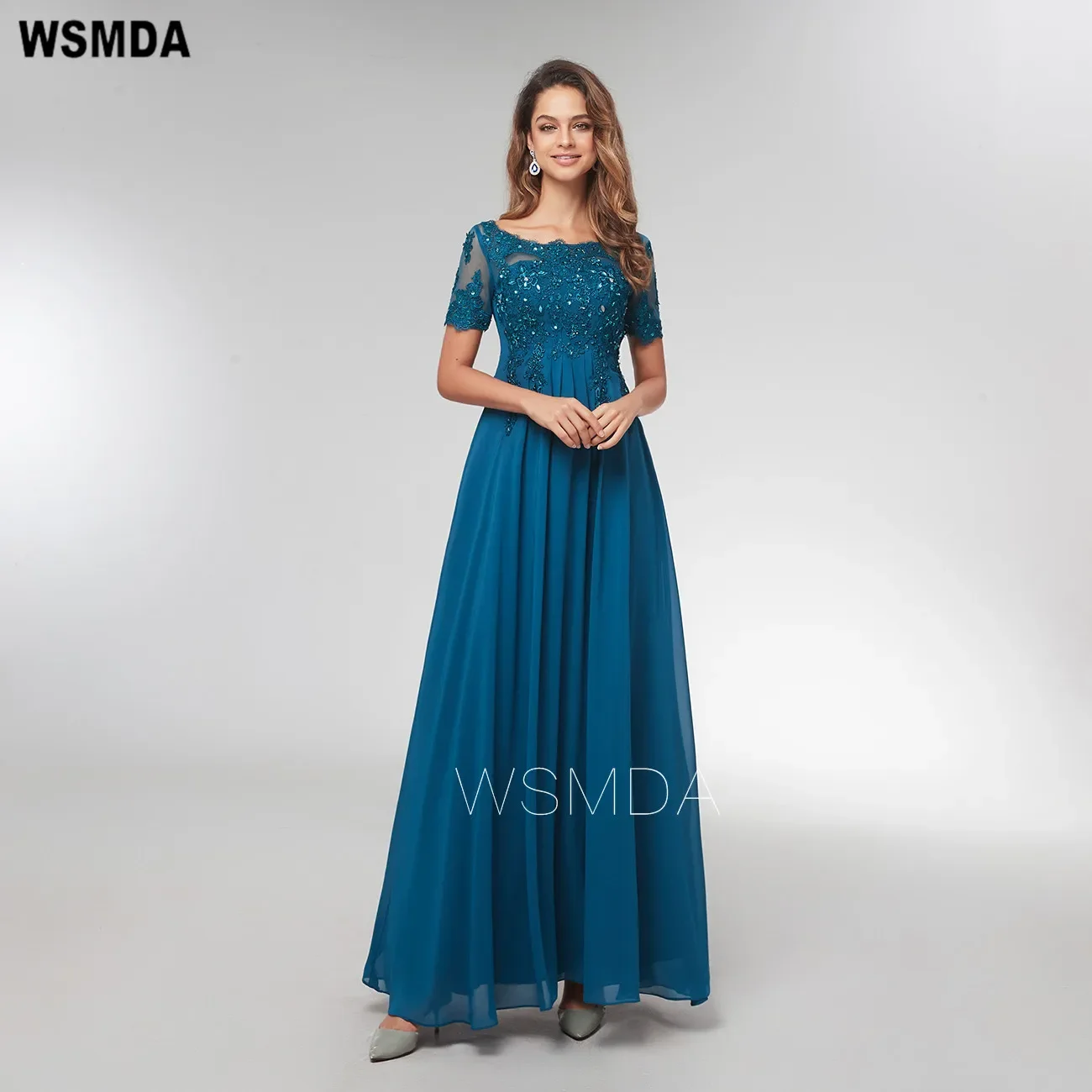 

Real Photo Short Sleeves Long Chiffon Mother of The Bride Dress Empire Waist A-line Formal Evening Gown Women Dress Elegant