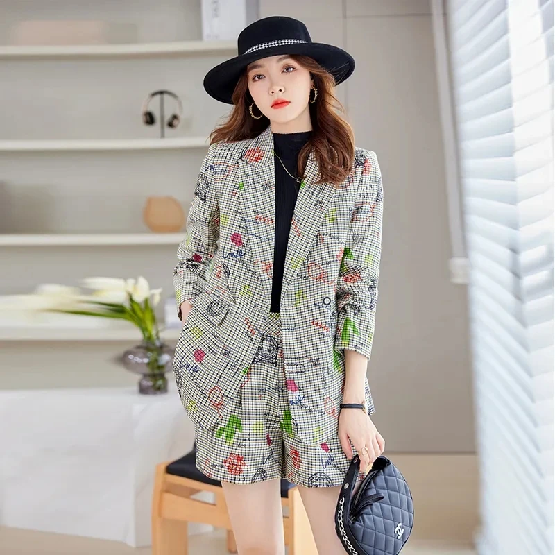 Personalized Plaid Suit,Two-piece Sets,Women\'s Clothes,2024 New,Spring Autumn Blazer Casual Print Jackets Coats,Office Lady Tops