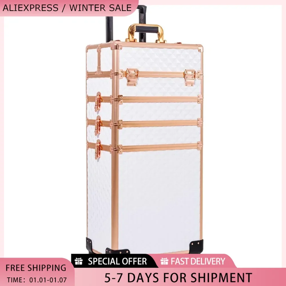 Rolling Makeup Train Case Large Storage Cosmetic Trolley with Key Swivel Wheels 4 in 1 Large Capacity Trolley Makeup Travel Case