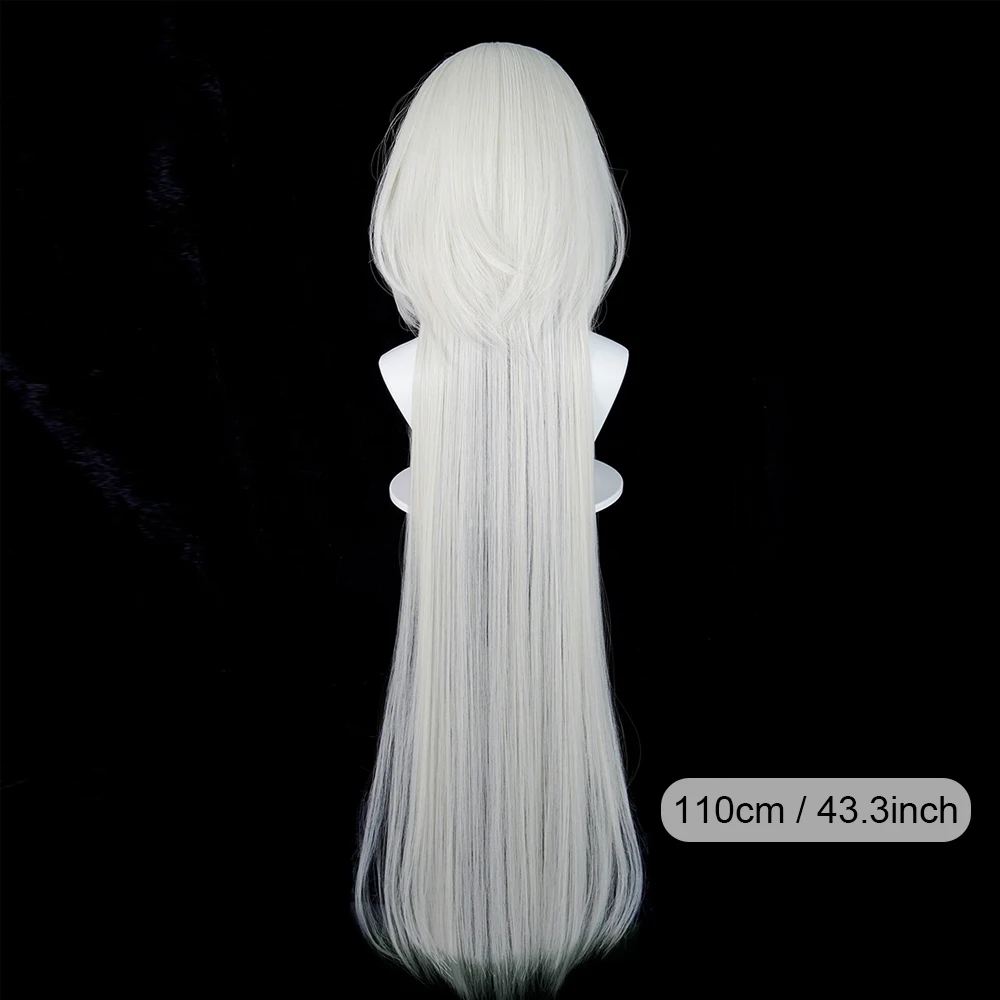 Synthetic Long Straight White Ombre Black Green Highlights Wigs with Bangs Anime Game Cosplay Fluffy Wig for Daily Party