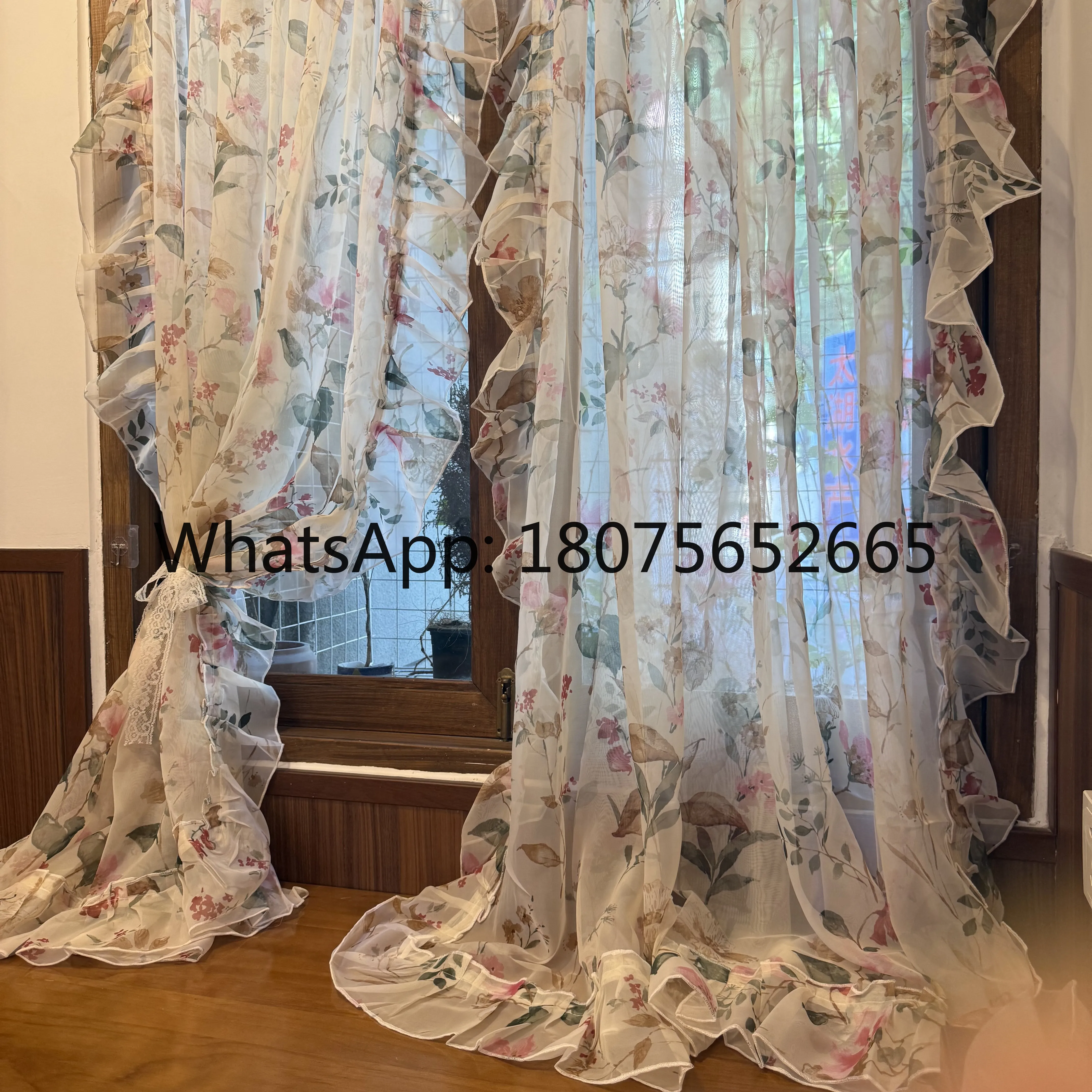 American pastoral floral rufflesretroprinting gauze curtain living room dopamine bay window punch-free door curtain