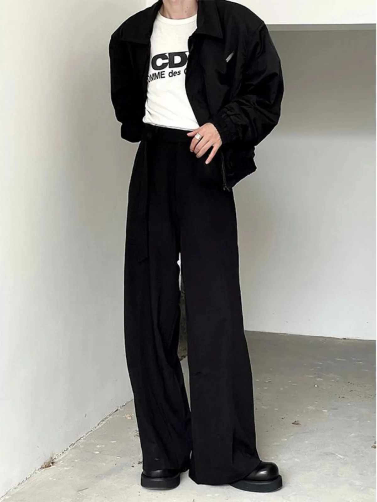 

Cleanfit Black High Waist Wide Leg Men's Casual Pants Drapey Elegant Trousers Long Straight Cut Polyester Spandex Blend Summer