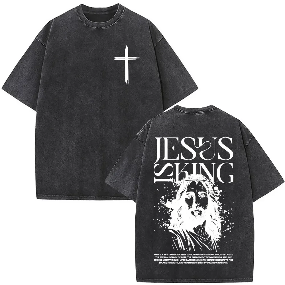 

Faith Christian Jesus Is King Bible Verse Washed T-shirt Men Women Fashion Harajuku T Shirts Male Vintage Oversized Tshirt Tops