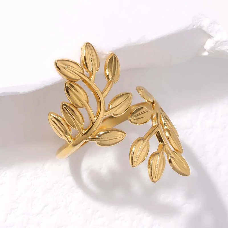 Stainless Steel Personality Exaggerated Leaves Adjustable Rings for Women Retro Fashion Branch Finger Jewelry Colorfast Gift