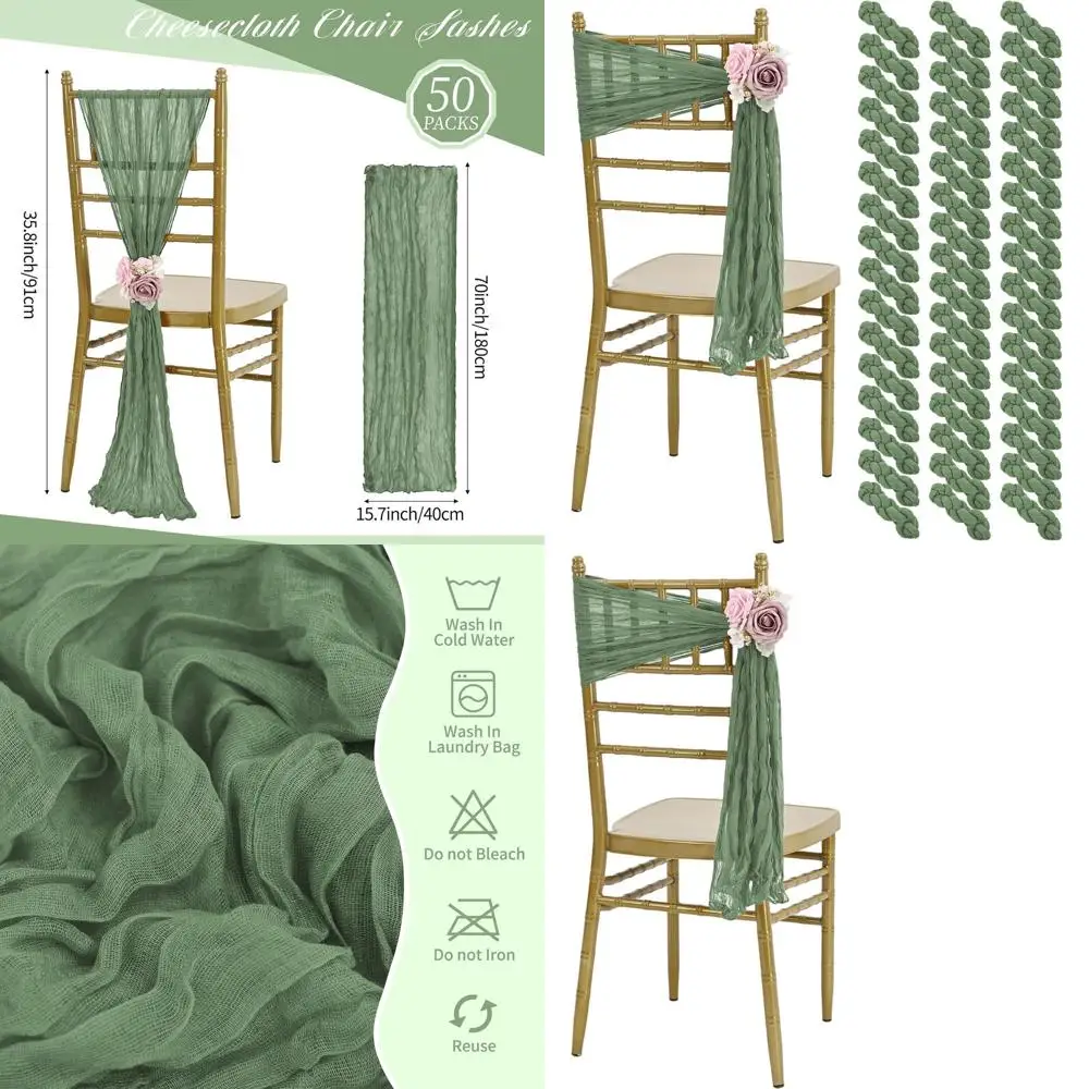 

50 Pack Cheesecloth Chair Sashes, 15.7 x 70 for Wedding and Party Aisle Decorations in Sage Green