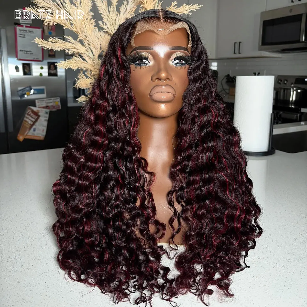 

Human Hair Piano Color Deep Wave Wig 5by5 Closure Lighlight Dark Burgundy Deep Wave Wig Pre Plucked 13x4 Lace Front Glueless Wig