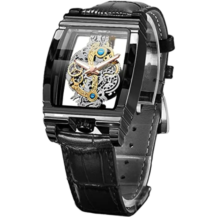 

Men's Luxury Hollow Skeleton Watch Retro Gorgeous Gear Carving Design Rectangle Tonneau Large Dial Leather Belt and Stainless S