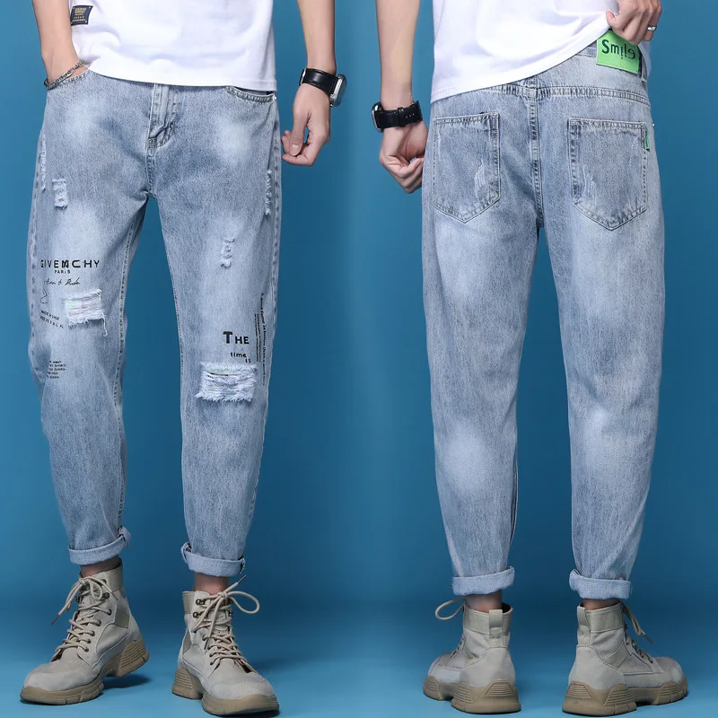 Yırtık kot erkek yaz ince Trendy Retro yıkanmış sıkıntılı gevşek elastik yönlü açık mavi Denim pantolon