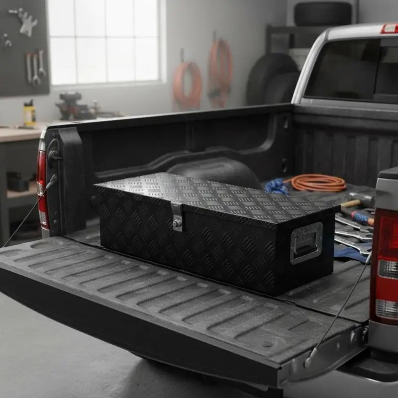 

Aluminum Utility Chest 30"x13"x9.6" For Trailer Pickup RV, Heavy Duty Stripes Plated Design Side Handles Lock Keys Storage Organizer Black