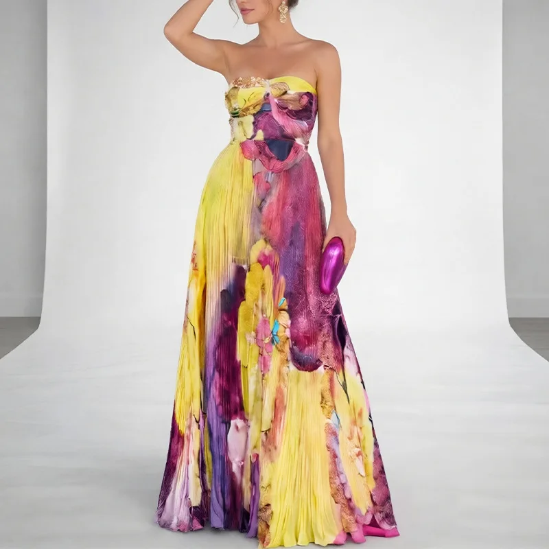 Elegant Printed Ruched Waist Strapless Maxi Dress, Women Summer Evening Dress, Bodycon Midi Dresses