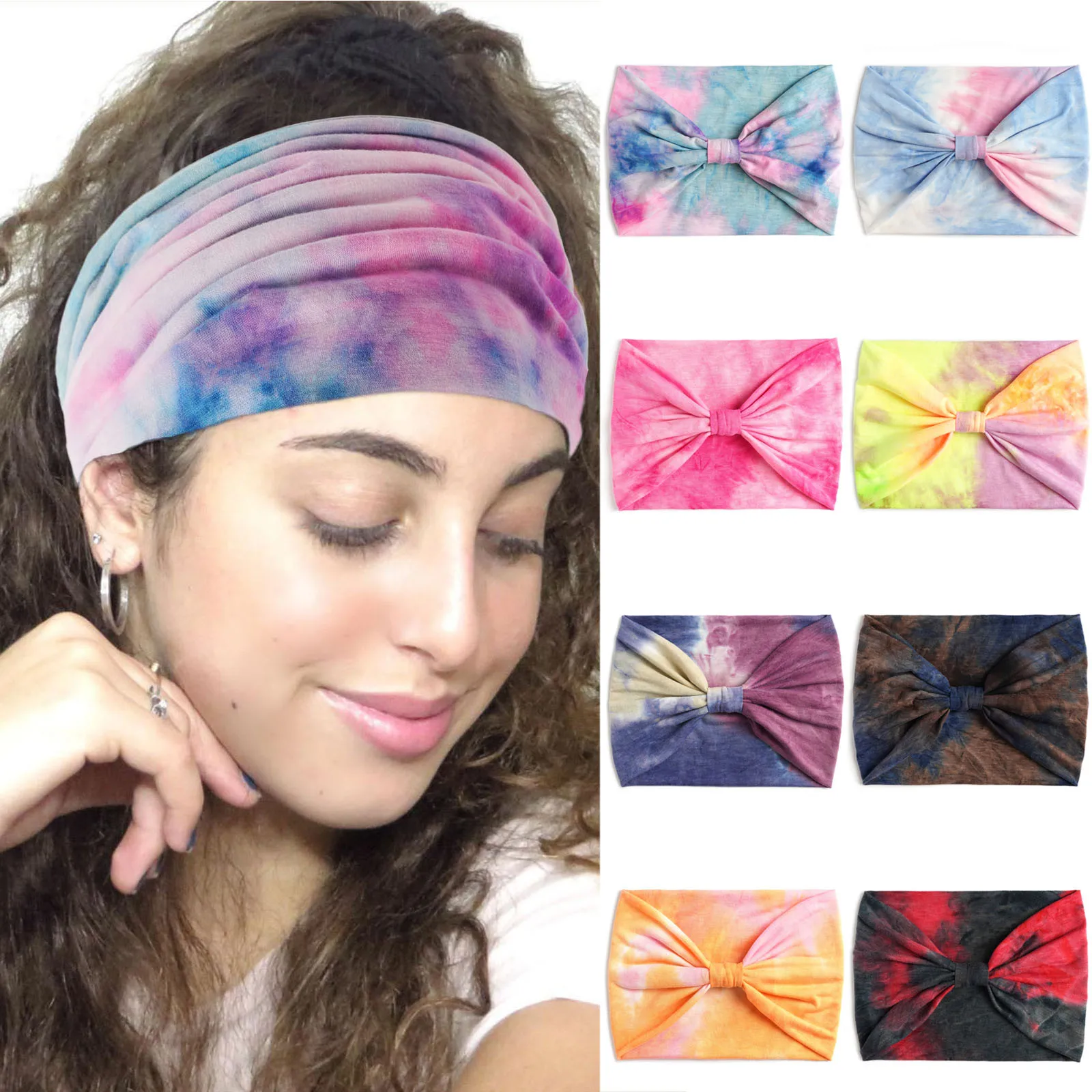 Wide Headbands Knot Elastic Turban Headwrap Women Tie Dye Rainbow Color Hairbsports Elastic Sweat Absorbing Headbbandana