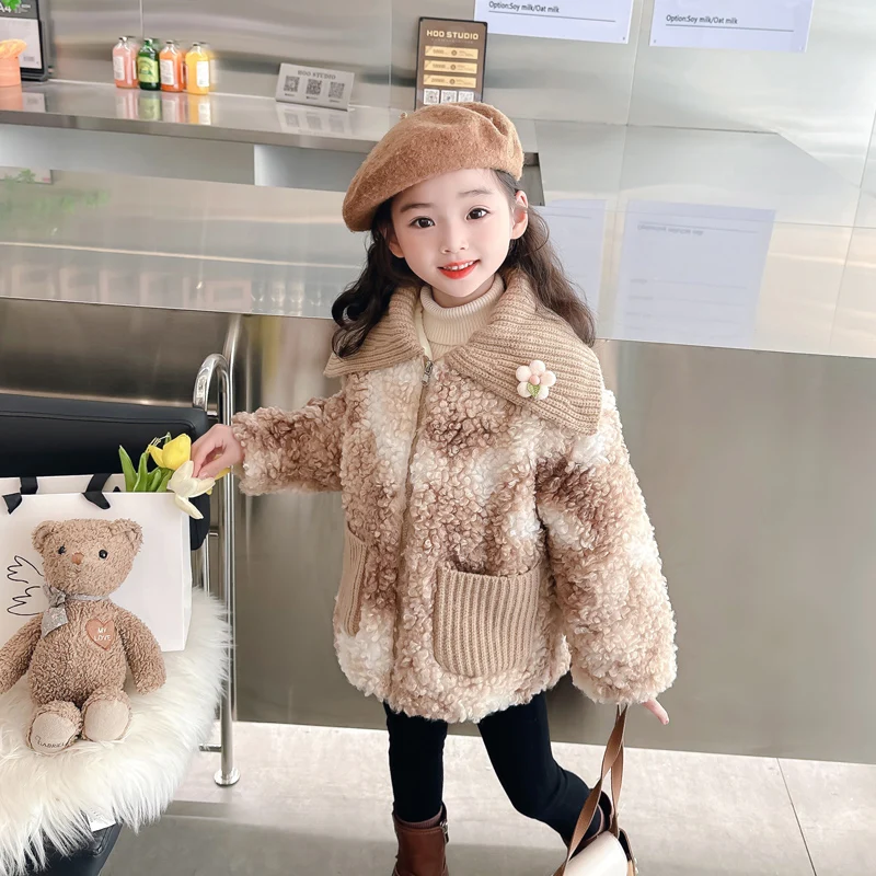 

2023 girl Mao Mao coat imitation fur winter clothes new Korean version of foreign-style wool collar Mao Mao dress cute girl warm