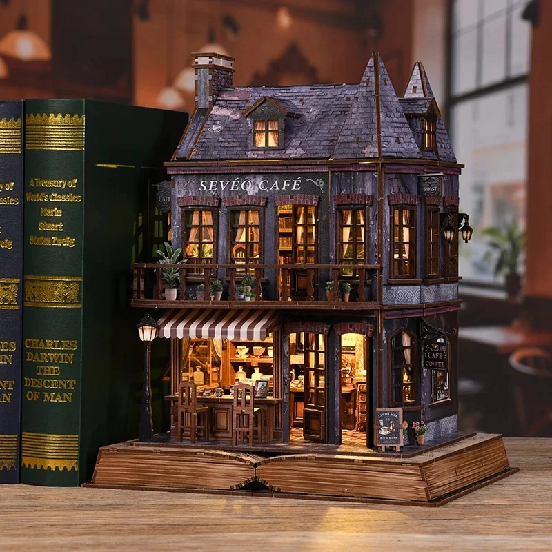 DIY Wooden Miniature Model Kits Book Corner Cafe Cottage 3D Puzzle Coffee Dollhouse With Furniture for Friends Birthday Gifts