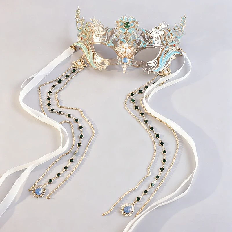 Vintage Chinese Style Masquerade Mask Women Luxury Metal Filigree Gem Pearl Long Tassel Chain Exquisite Party Cosplay Face Mask