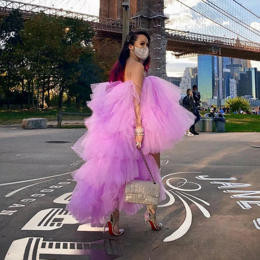 Pretty Light Purple High Low Tulle Dress Tulle Gowns Women High Street Extra Puffy Tutu Skirt For Gilrs Birthday Party Wear