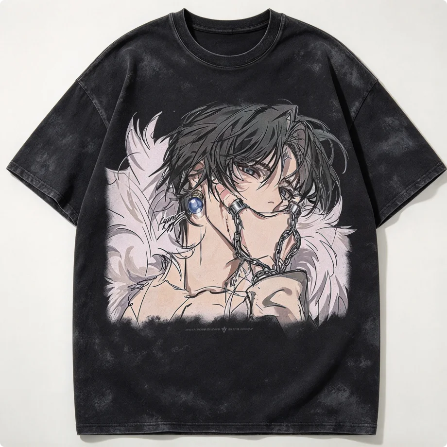 Vintage Washed Black Hunter X Hunter Kurapika Chrollo Anime Graphic Tee Unisex Cotton Short Sleeve Manga Print Casual Tops