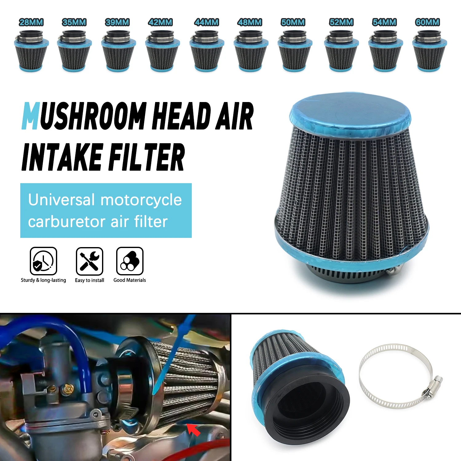 

35/39/42/44/48/50/52/54MM Replacement Accessories Motorcycle High Flow Carburetors Air Intake Filter Compatible With Universal