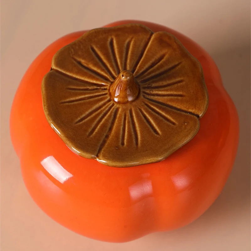 1pc Ceramic Tea Canister Portable Moisture Resistant Sealed Canister Persimmon Type Ashtray Jar 200ml 9cm*7.5cm