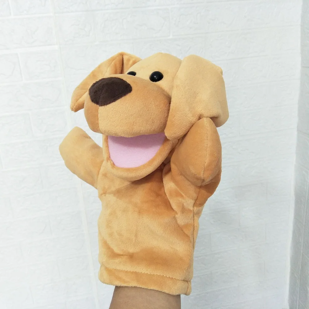 Open mond gele glimlach hond handpop knuffel gevuld cadeau voor kinderen verlichting onderwijs
