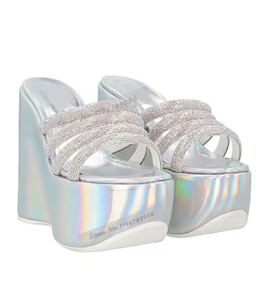 

Silver Hologram Iridescent Wedged Mules Reflective Platform Crystal Band Modern Slippers Outside Bling Bling Glossy Sandals