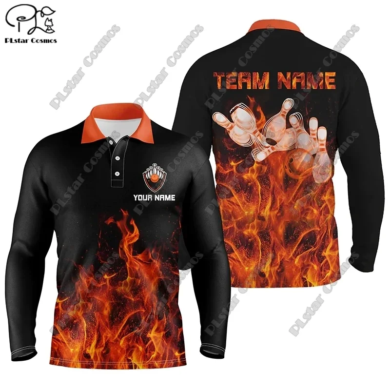 New Colorful Flame Crash Bowling Polo Shirt Custom name Men's and Women's Bowling Jersey 3D Printed Long Sleeve Polo Shirt X-3