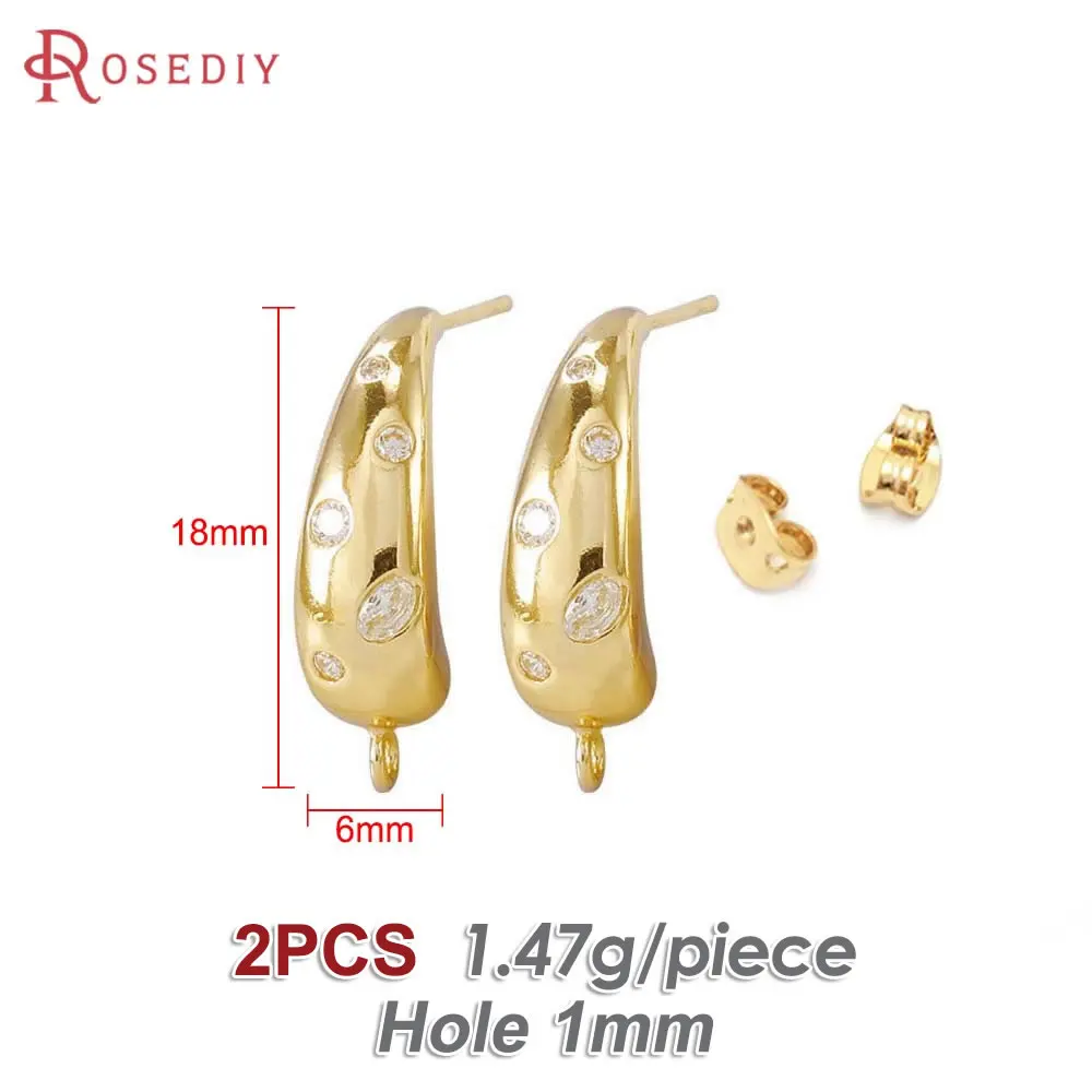 2PCS 18x6MM 18K Gold Color Brass and Zircon Arc Stud Earrings Pins Earrings Jewelry Making Supplies Diy Findings Accessories