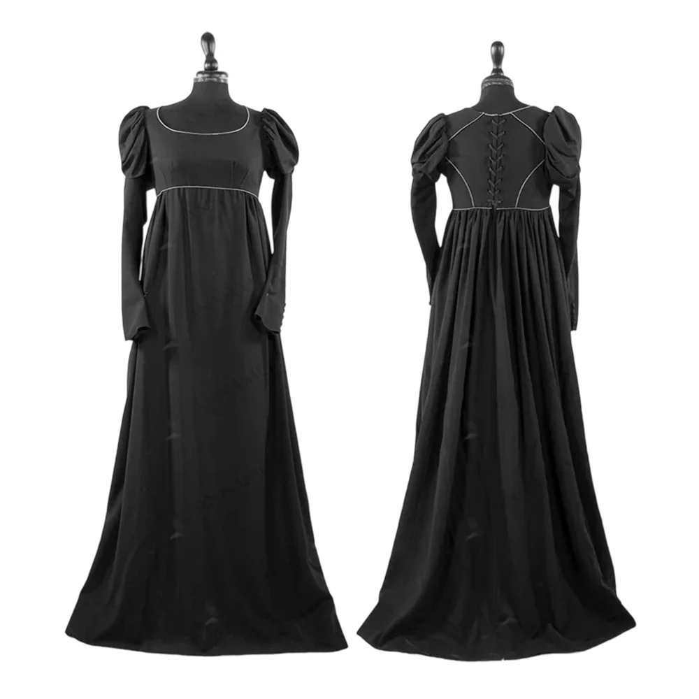 

1830s Black Mourning Dress Regency Jane Austen Tea Party High Waistline Ball Gown Victorian Renaissance Gothic Walking Costume