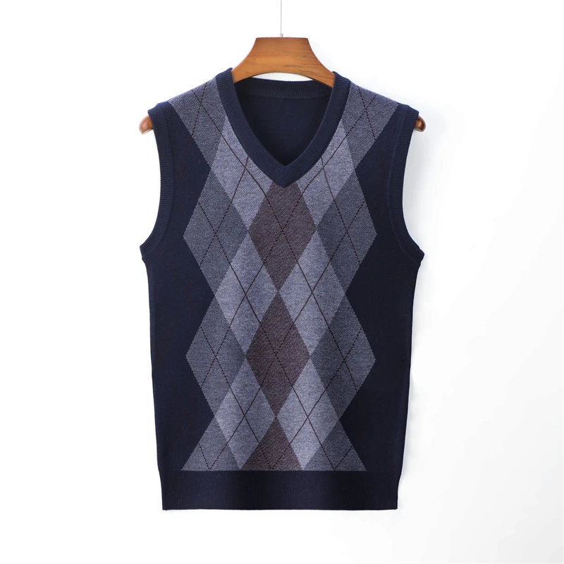 SHAN BAO Spring Brand Loose Sweater Vest Classic High Quality Business Casual Men\'s Plaid Diamond Wool Sweater 5XL 6XL 7XL 8XL