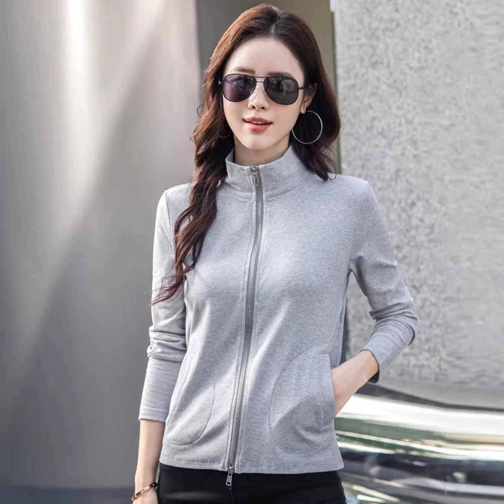 

Grey stand up collar double zipper long sleeved women's autumn and winter plus size casual pure cotton cardigan sportswear