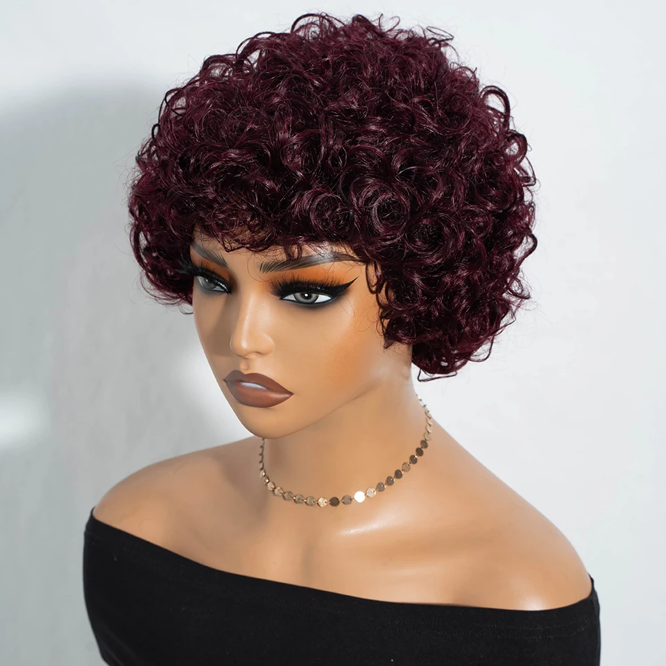 Lekker Colored Short Pixie Afro Kinky Curly Bob 100% Human Hair Wig For Women Brazilian Remy Hair Burgundy 99j Full Machine Wigs