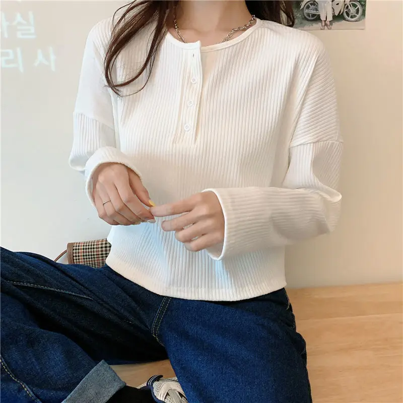 Long Sleeve T-shirts Women Elegant Simple Pure Button Design Retro Ins Autumn Ladies Tees Top All-match BF Style Mujer Clothes