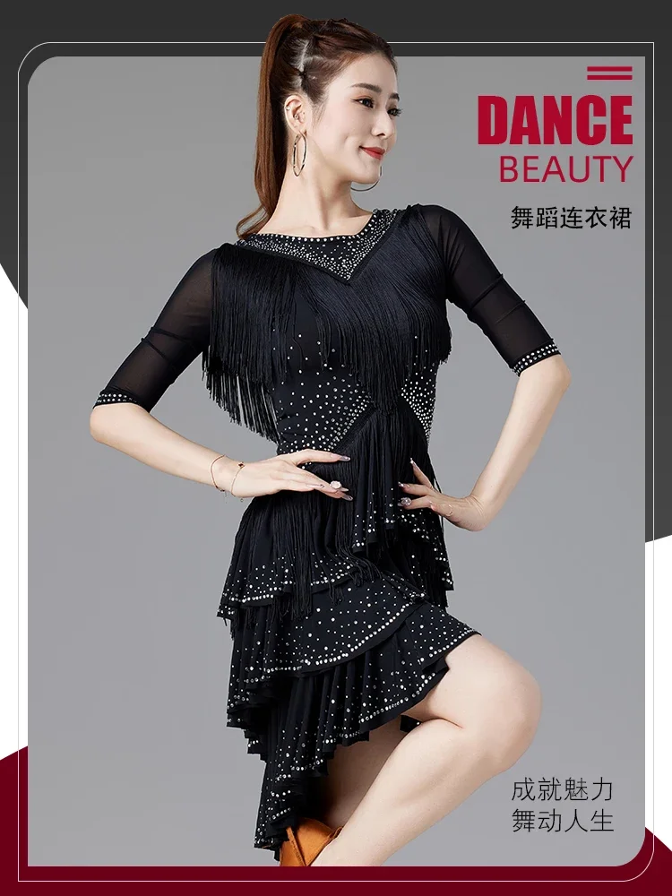 

Latin dance suit women's new national standard cha cha rumba competition team floral dress tassel performance suit