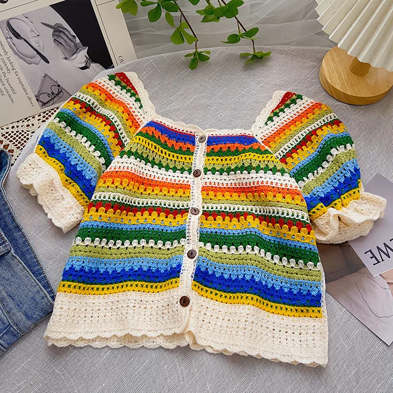 Boring Honey Rainbow Colors Square Collar Women\'s Clothes For Summer Short Sleeves Tops Single-Breasted Fashion Women Blouses